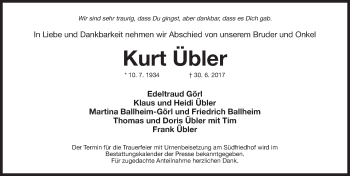 Traueranzeige von Kurt Übler von Gesamtausgabe Nürnberger Nachrichten/ Nürnberger Ztg.