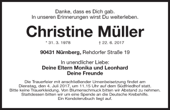 Traueranzeige von Christine Müller von Gesamtausgabe Nürnberger Nachrichten/ Nürnberger Ztg.