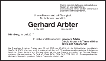 Traueranzeige von Gerhard Arbter von Gesamtausgabe Nürnberger Nachrichten/ Nürnberger Ztg.