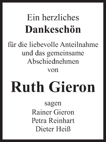 Traueranzeige von Ruth Gieron von Gesamtausgabe Nürnberger Nachrichten/ Nürnberger Ztg.
