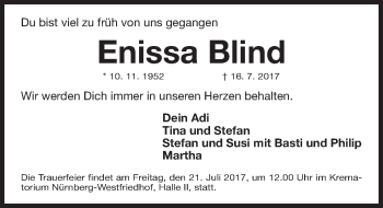 Traueranzeige von Enissa Blind von Gesamtausgabe Nürnberger Nachrichten/ Nürnberger Ztg.