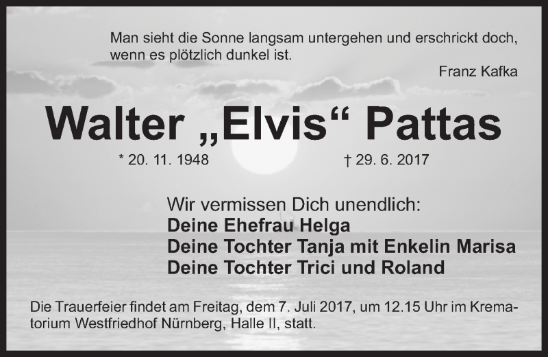  Traueranzeige für Walter Pattas vom 03.07.2017 aus Gesamtausgabe Nürnberger Nachrichten/ Nürnberger Ztg.