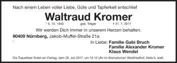 Traueranzeige von Waltraud Kromer von Gesamtausgabe Nürnberger Nachrichten/ Nürnberger Ztg.