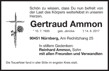 Traueranzeige von Gertraud Ammon von Gesamtausgabe Nürnberger Nachrichten/ Nürnberger Ztg.
