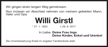 Traueranzeige von Willi Girstl von Gesamtausgabe Nürnberger Nachrichten/ Nürnberger Ztg.