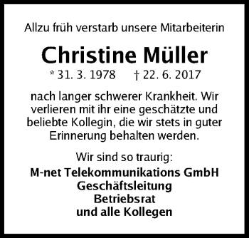 Traueranzeige von Christine Müller von Gesamtausgabe Nürnberger Nachrichten/ Nürnberger Ztg.