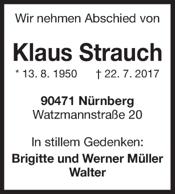 Traueranzeige von Klaus Strauch von Gesamtausgabe Nürnberger Nachrichten/ Nürnberger Ztg.