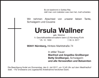 Traueranzeige von Ursula Wallner von Gesamtausgabe Nürnberger Nachrichten/ Nürnberger Ztg.