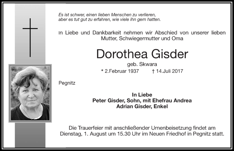 Traueranzeige für Dorothea Gisder vom 22.07.2017 aus Nordbayerische Nachrichten Pegnitz Lokal