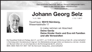 Traueranzeige von Johann Georg Selz von Gesamtausgabe Nürnberger Nachrichten/ Nürnberger Ztg.