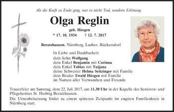 Traueranzeige von Olga Reglin von Gesamtausgabe Nürnberger Nachrichten/ Nürnberger Ztg.
