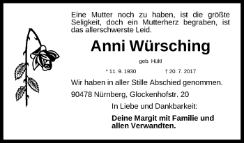 Traueranzeige von Anni Würsching von Gesamtausgabe Nürnberger Nachrichten/ Nürnberger Ztg.