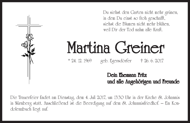  Traueranzeige für Martina Greiner vom 01.07.2017 aus Gesamtausgabe Nürnberger Nachrichten/ Nürnberger Ztg.