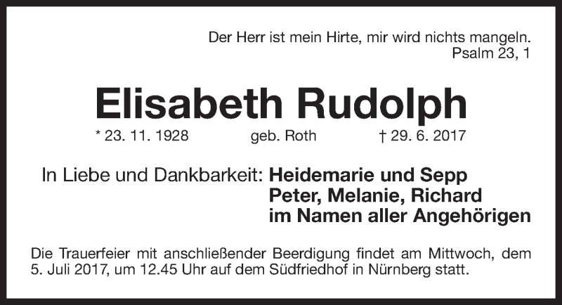  Traueranzeige für Elisabeth Rudolph vom 01.07.2017 aus Gesamtausgabe Nürnberger Nachrichten/ Nürnberger Ztg.