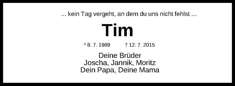  Traueranzeige für Tim Wojnar vom 12.07.2017 aus Gesamtausgabe Nürnberger Nachrichten/ Nürnberger Ztg.