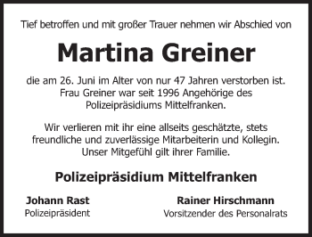 Traueranzeige von Martina Greiner von Gesamtausgabe Nürnberger Nachrichten/ Nürnberger Ztg.