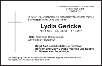 Traueranzeige von Lydia Gericke von Gesamtausgabe Nürnberger Nachrichten/ Nürnberger Ztg.