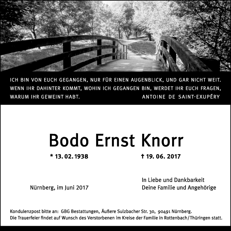  Traueranzeige für Bodo Ernst Knorr vom 01.07.2017 aus Gesamtausgabe Nürnberger Nachrichten/ Nürnberger Ztg.