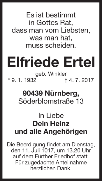 Traueranzeige von Elfriede Ertel von Gesamtausgabe Nürnberger Nachrichten/ Nürnberger Ztg.