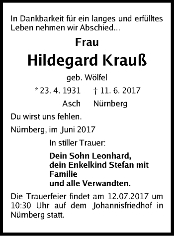 Traueranzeige von Hildegard Krauß von Gesamtausgabe Nürnberger Nachrichten/ Nürnberger Ztg.