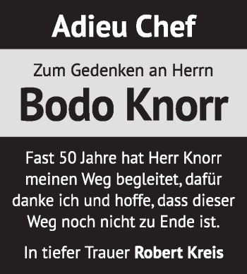 Traueranzeige von Bodo Ernst Knorr von Gesamtausgabe Nürnberger Nachrichten/ Nürnberger Ztg.
