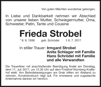 Traueranzeige von Frieda Strobel von Gesamtausgabe Nürnberger Nachrichten/ Nürnberger Ztg.