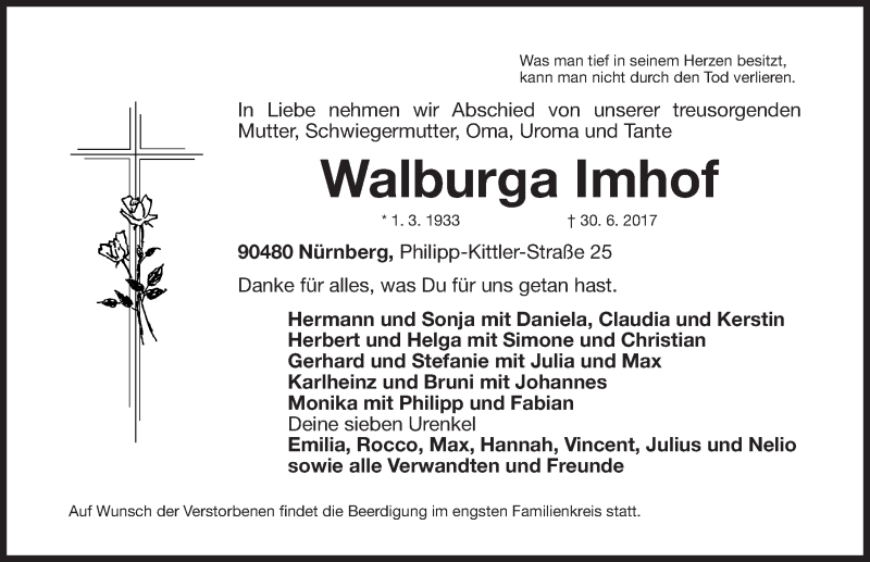  Traueranzeige für Walburga Imhof vom 08.07.2017 aus Gesamtausgabe Nürnberger Nachrichten/ Nürnberger Ztg.