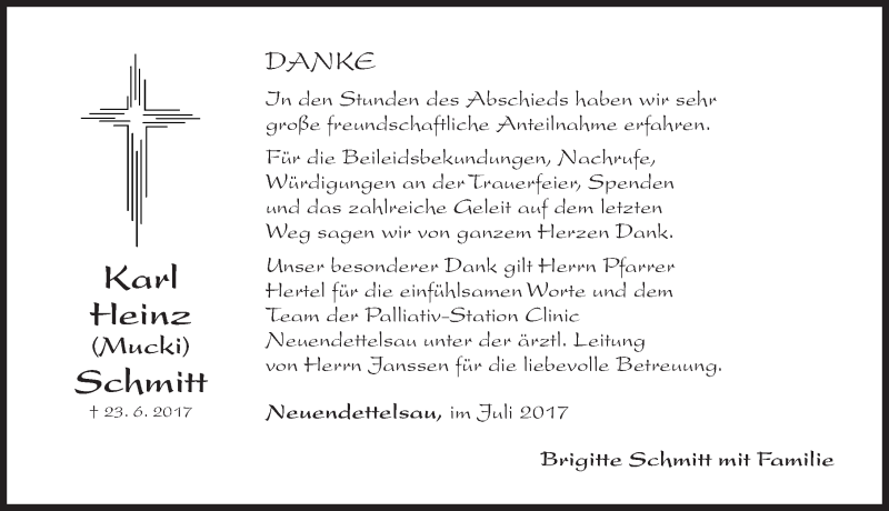  Traueranzeige für Karl Heinz Schmitt vom 26.07.2017 aus Gesamtausgabe Nürnberger Nachrichten/ Nürnberger Ztg.