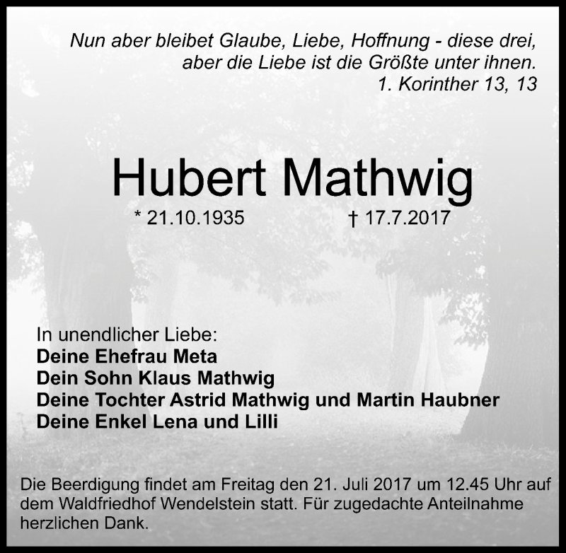  Traueranzeige für Hubert Mathwig vom 20.07.2017 aus Schwabach