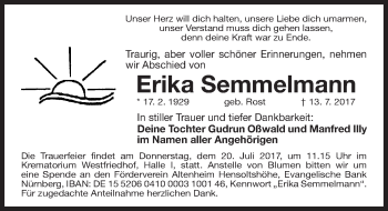 Traueranzeige von Erika Semmelmann von Gesamtausgabe Nürnberger Nachrichten/ Nürnberger Ztg.