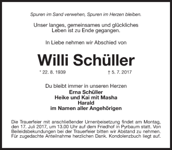 Traueranzeige von Willi Schüller von Neumarkter Nachrichten Lokal