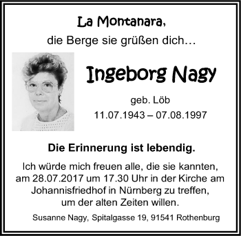 Traueranzeige von Ingeborg Nagy von Gesamtausgabe Nürnberger Nachrichten/ Nürnberger Ztg.