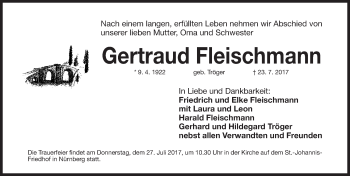 Traueranzeige von Gertraud Fleischmann von Gesamtausgabe Nürnberger Nachrichten/ Nürnberger Ztg.