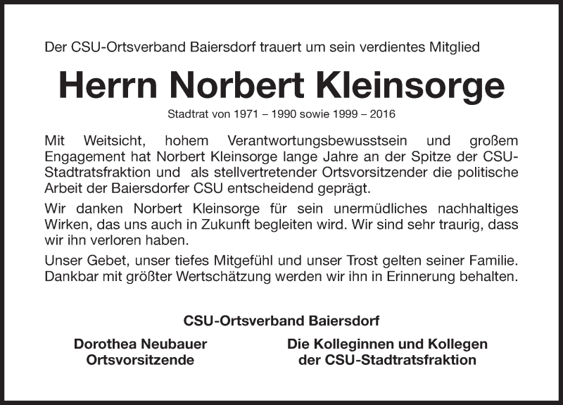  Traueranzeige für Norbert Kleinsorge vom 01.07.2017 aus Erlanger Nachrichten Lokal