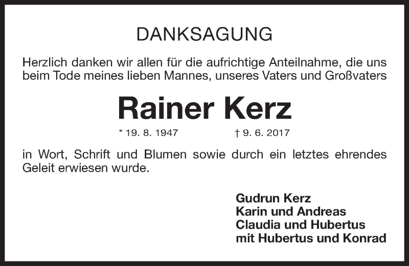  Traueranzeige für Rainer Kerz vom 22.07.2017 aus Gesamtausgabe Nürnberger Nachrichten/ Nürnberger Ztg.
