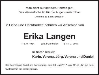 Traueranzeige von Erika Langen von Gesamtausgabe Nürnberger Nachrichten/ Nürnberger Ztg.
