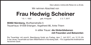 Traueranzeige von Hedwig Scheiner von Gesamtausgabe Nürnberger Nachrichten/ Nürnberger Ztg.