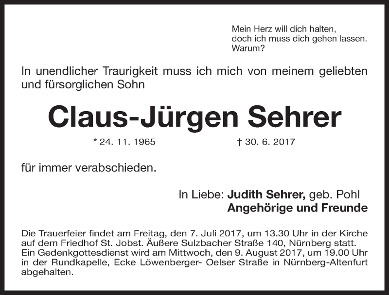  Traueranzeige für Claus-Jürgen Sehrer vom 05.07.2017 aus Gesamtausgabe Nürnberger Nachrichten/ Nürnberger Ztg.