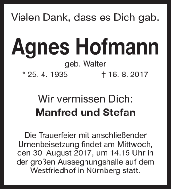 Traueranzeige von Agnes Hofmann von Gesamtausgabe Nürnberger Nachrichten/ Nürnberger Ztg.