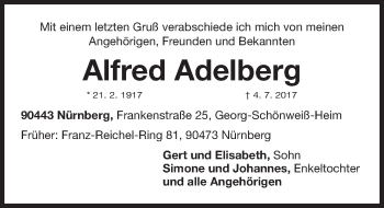 Traueranzeige von Alfred Adelberg von Gesamtausgabe Nürnberger Nachrichten/ Nürnberger Ztg.