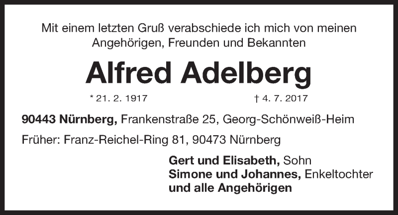  Traueranzeige für Alfred Adelberg vom 02.08.2017 aus Gesamtausgabe Nürnberger Nachrichten/ Nürnberger Ztg.