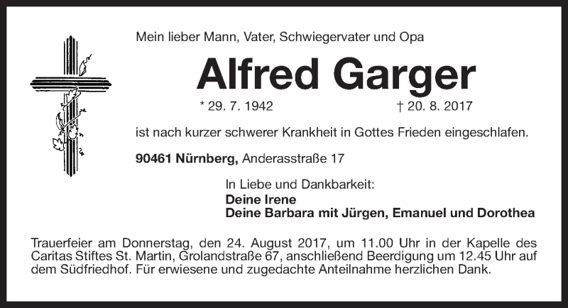  Traueranzeige für Alfred Garger vom 22.08.2017 aus Gesamtausgabe Nürnberger Nachrichten/ Nürnberger Ztg.
