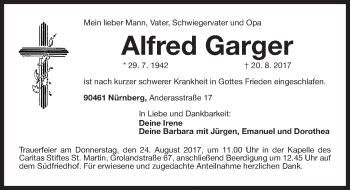 Traueranzeige von Alfred Garger von Gesamtausgabe Nürnberger Nachrichten/ Nürnberger Ztg.