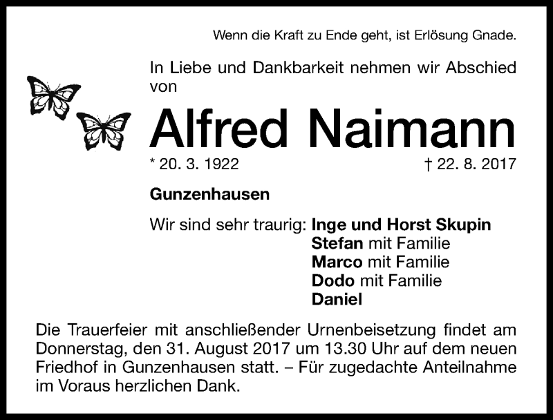  Traueranzeige für Alfred Naimann vom 29.08.2017 aus Altmühl-Bote Lokal