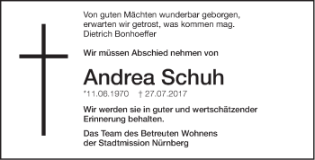 Traueranzeige von Andrea Schuh von Gesamtausgabe Nürnberger Nachrichten/ Nürnberger Ztg.