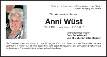 Traueranzeige von Anni Wüst von Gesamtausgabe Nürnberger Nachrichten/ Nürnberger Ztg.