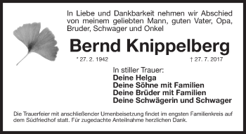 Traueranzeige von Bernd Knippelberg von Gesamtausgabe Nürnberger Nachrichten/ Nürnberger Ztg.