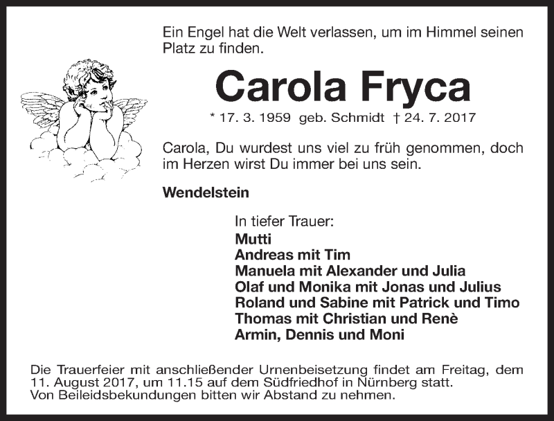  Traueranzeige für Carola Fryca vom 08.08.2017 aus Gesamtausgabe Nürnberger Nachrichten/ Nürnberger Ztg.
