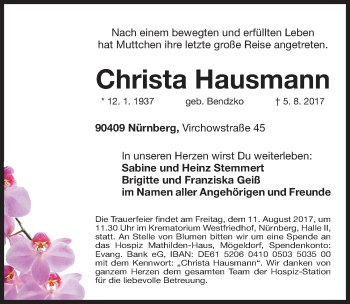 Traueranzeige von Christa Hausmann von Gesamtausgabe Nürnberger Nachrichten/ Nürnberger Ztg.