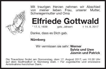 Traueranzeige von Elfriede Gottwald von Gesamtausgabe Nürnberger Nachrichten/ Nürnberger Ztg.